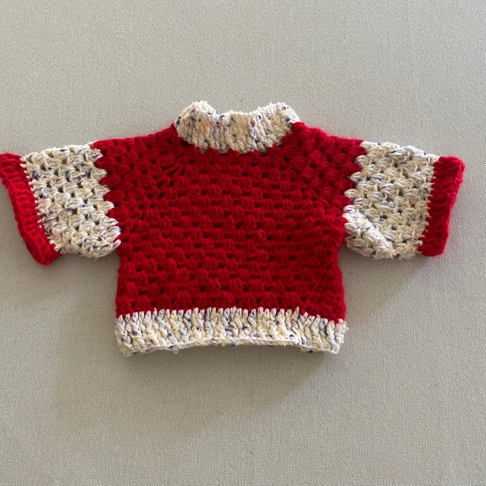Handmade Crochet Baby Sweater Red Cream Flecked Short Sleeve‎ Pullover Top